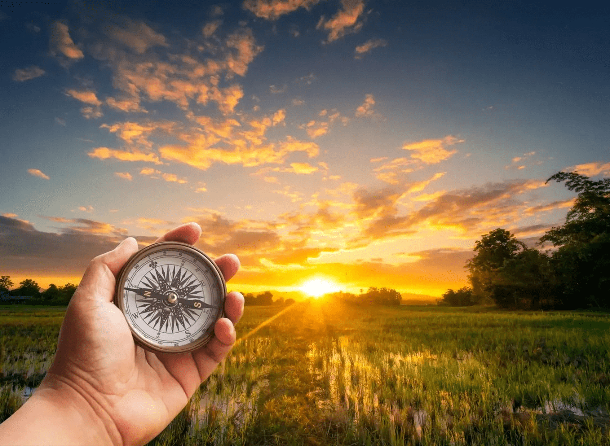 Hand holding a compass at sunset over a field.
