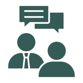 Two figures with speech bubbles, communicating.